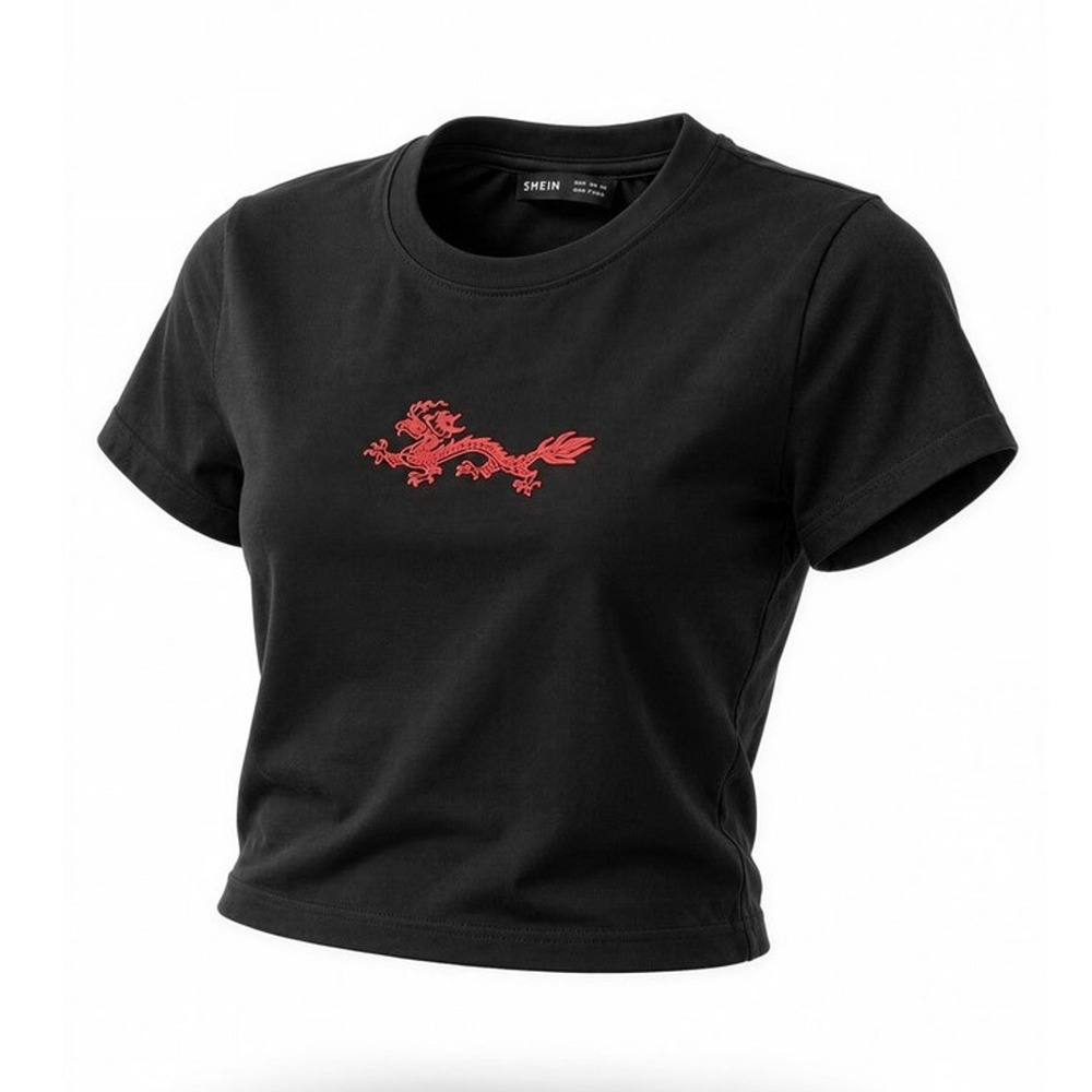 SHEIN Cropped T-Shirt Womens Small Black‎ Red Dragon Cropped Graphic Crew Neck